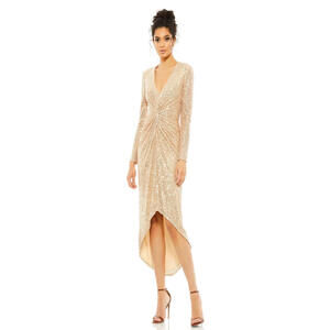IEENA Mac Duggal 26549 Rose Gold Sequin High Low Dress Long Sleeve